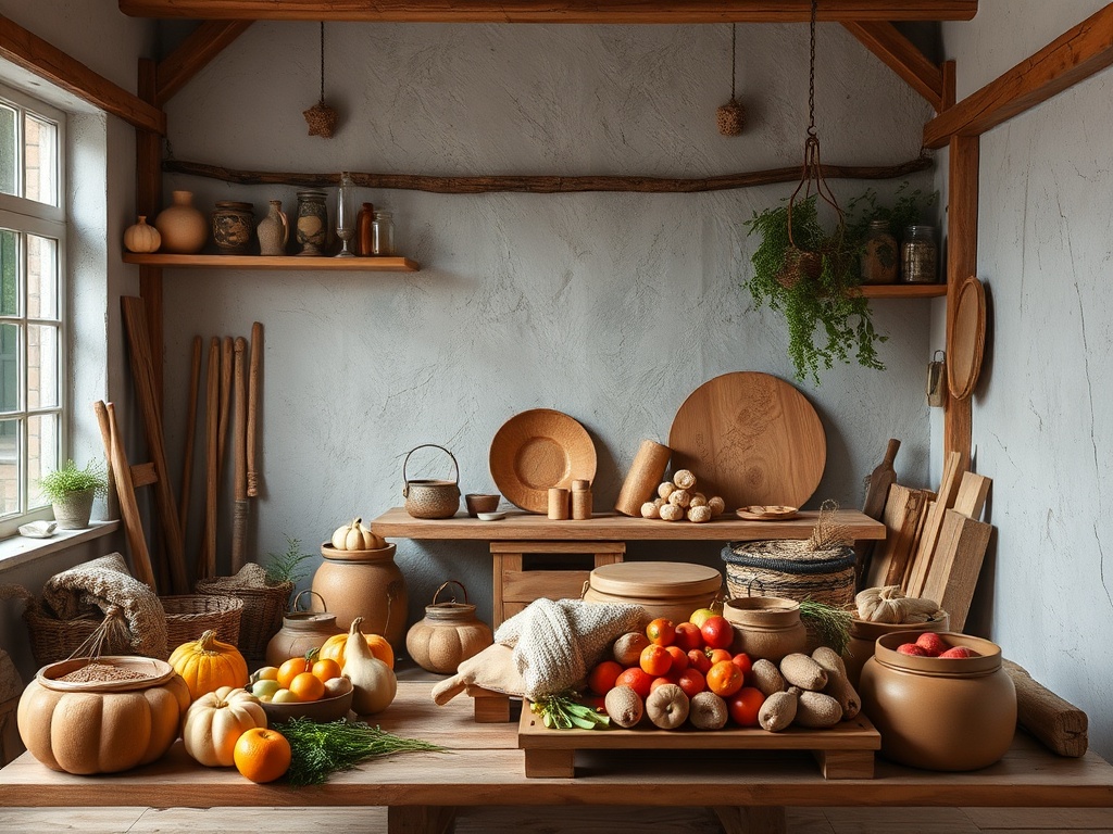 Уютная кухня с деревянной мебелью, наполненная овощами, фруктами и глиняными горшками. Вдохновляющая атмосфера.