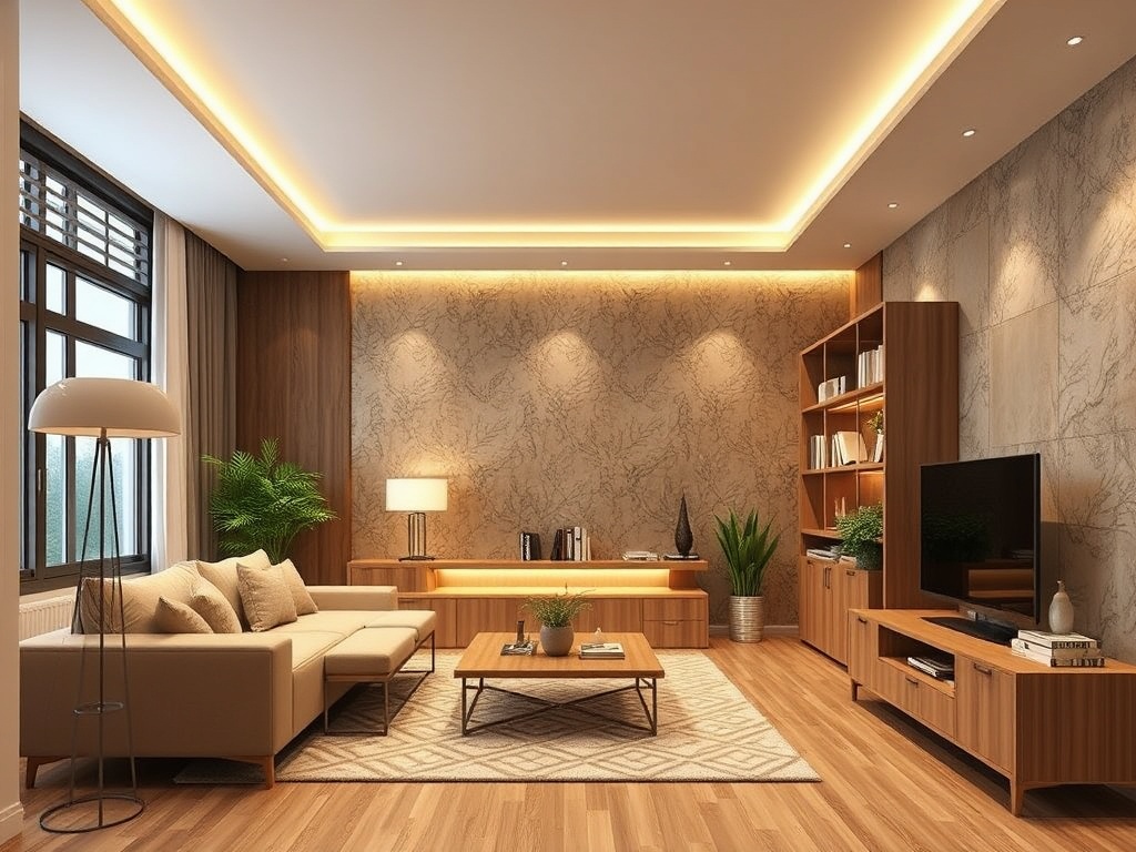 Современная гостиная с уютным диваном, книгами, телевизором и зелеными растениями на фоне светлых стен.