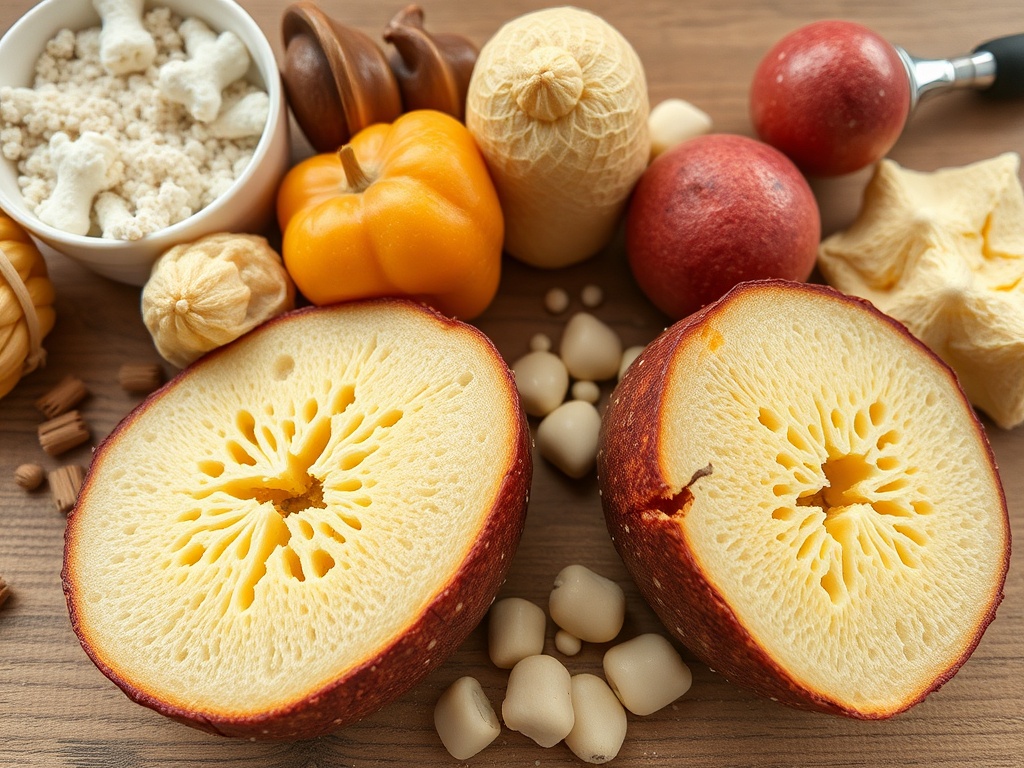 На столе много фруктов и овощей, включая разрезанный на половинки плод с необычной текстурой.