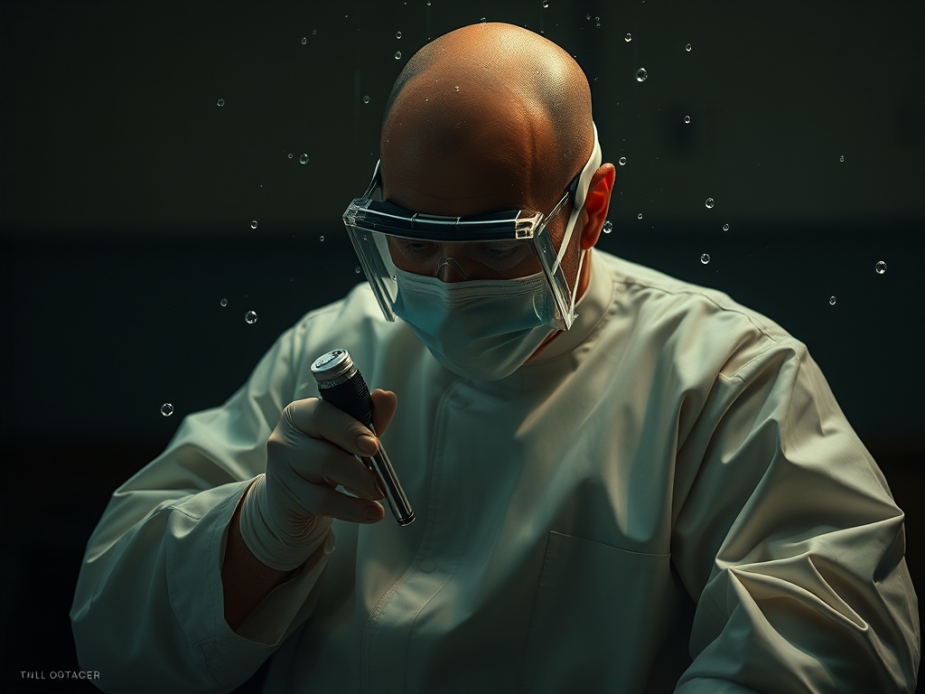 Врач в защитной маске и очках, исследующий объект с фонариком под водой. На заднем фоне маленькие пузырьки.