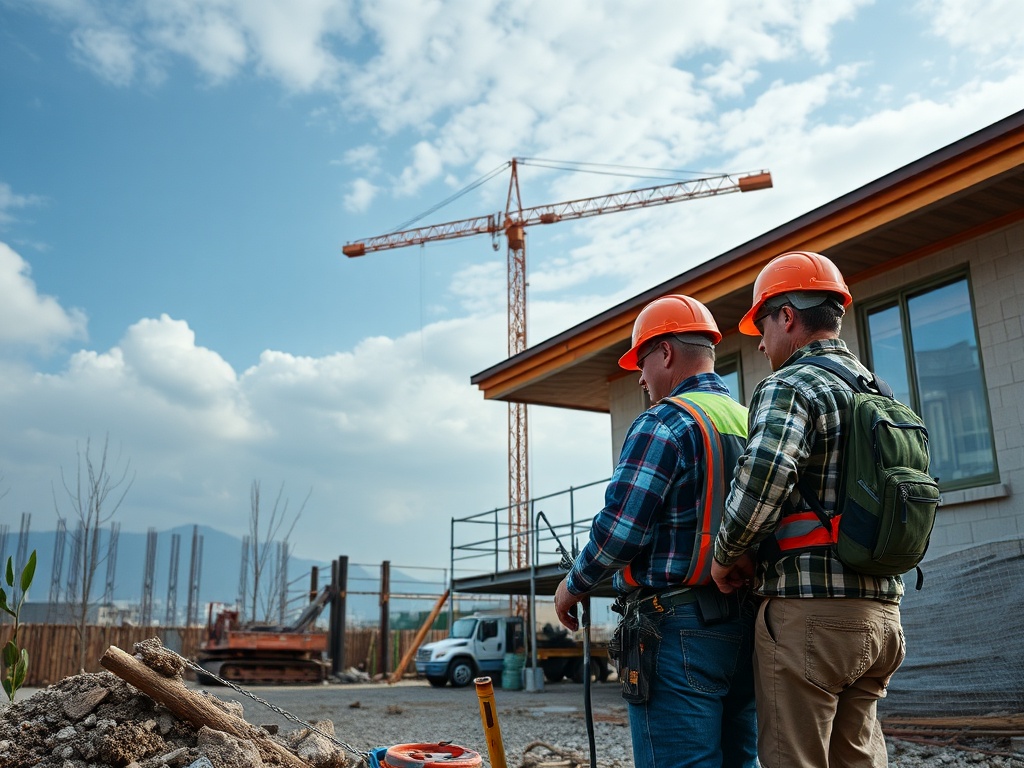 Два строителя в касках наблюдают за строительством под кроной крана в ясный день.