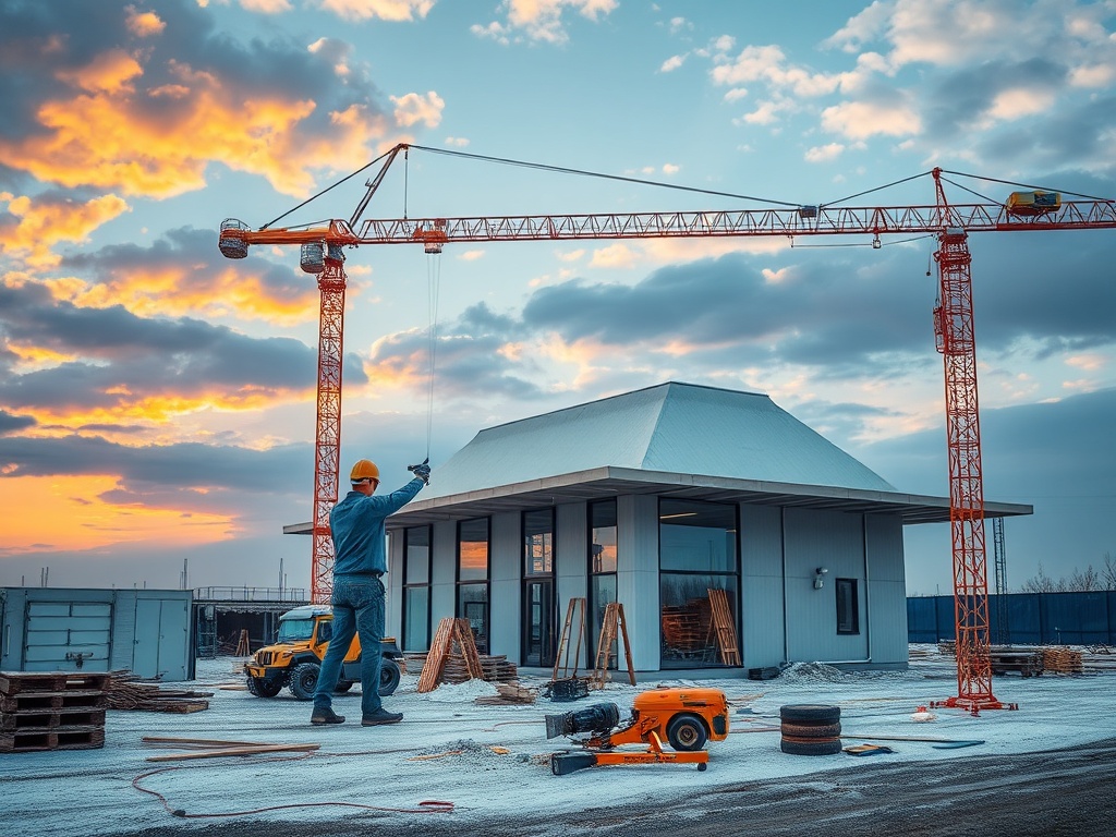 Строительная площадка с краном, рабочий на фоне заката, рядом строительные материалы и техника.