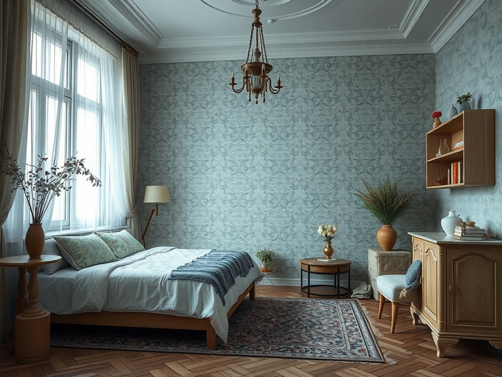 Современная спальня с двуспальной кроватью, уютным декором и светлыми шторами. Стильный и светлый интерьер.