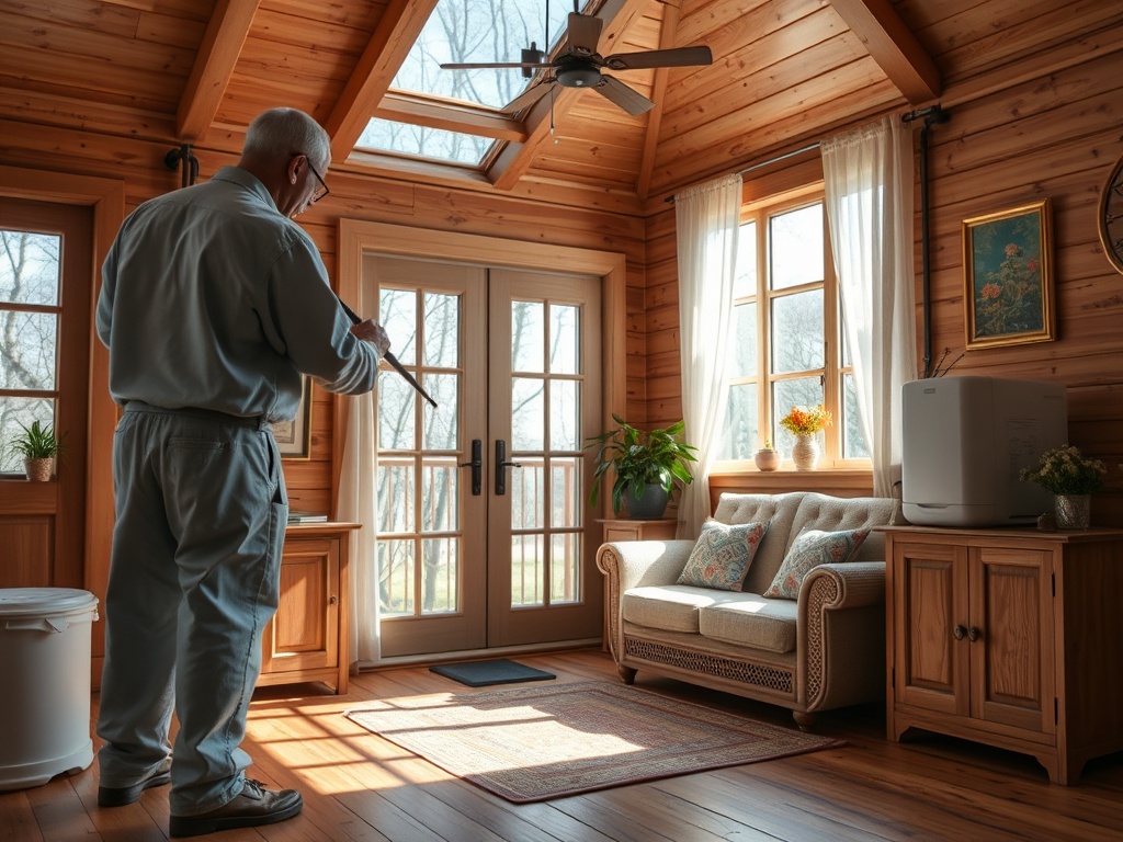 Пожилой человек с палочкой стоит в светлом деревянном интерьере, наблюдая за окном.