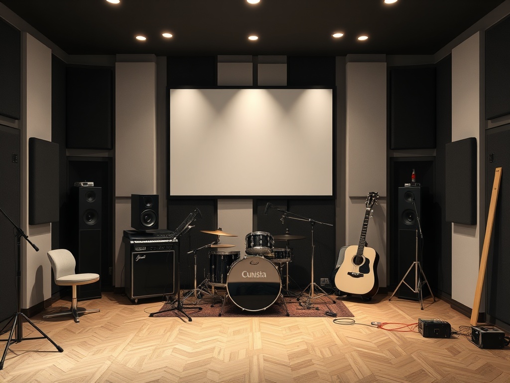 Современная музыкальная студия с ударной установкой, гитарой и звукоподготовкой на стенах.