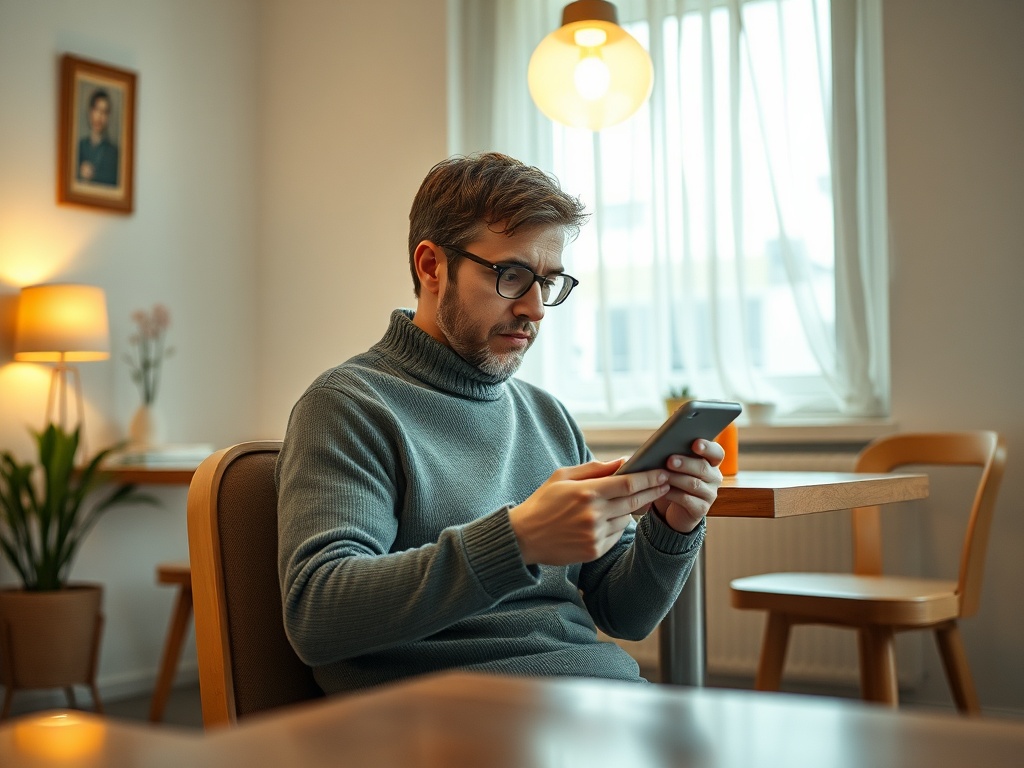 Мужчина в свитере сидит в кафе и смотрит на телефон. Вокруг уютная обстановка с растениями и светом.