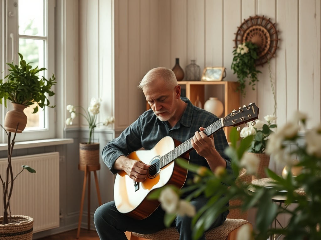 Пожилой мужчина играет на гитаре в уютной комнате, окружённой зелёными растениями и цветами.