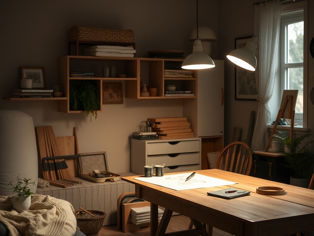 Светлая комната с деревянным столом, освещенным лампами, и аккуратно организованным пространством для работы.