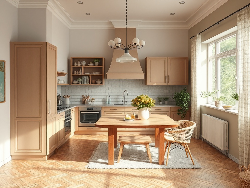 Современная кухня с деревянными шкафчиками, столом и уютным освещением, наполненная зелеными растениями.