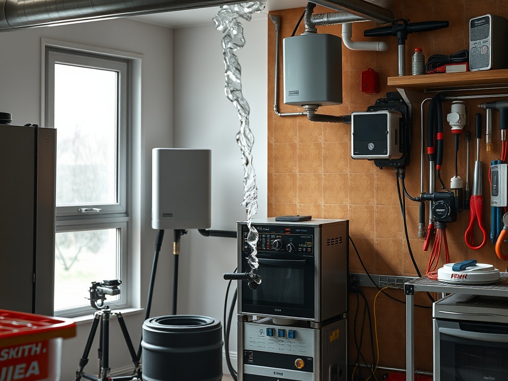 На кухне видны трубы, техника и капля воды, висящая в воздухе. Всё аккуратно организовано.