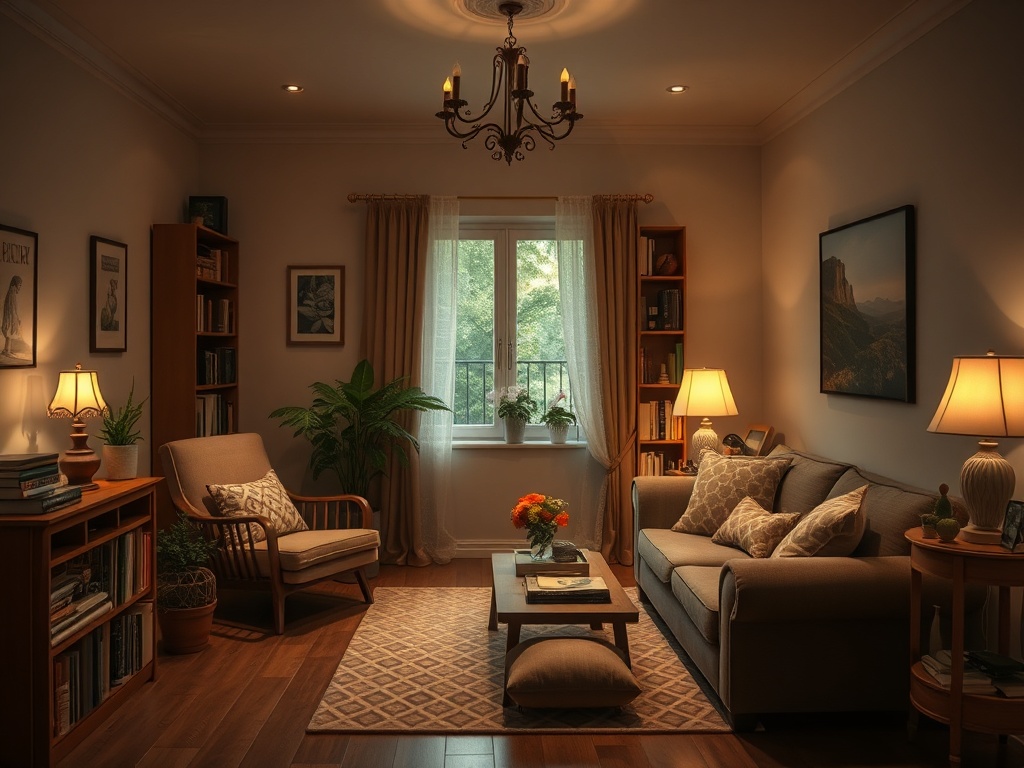 Уютная гостиная с зелеными растениями, книгами и мягкой мебелью, освещенная теплым светом.