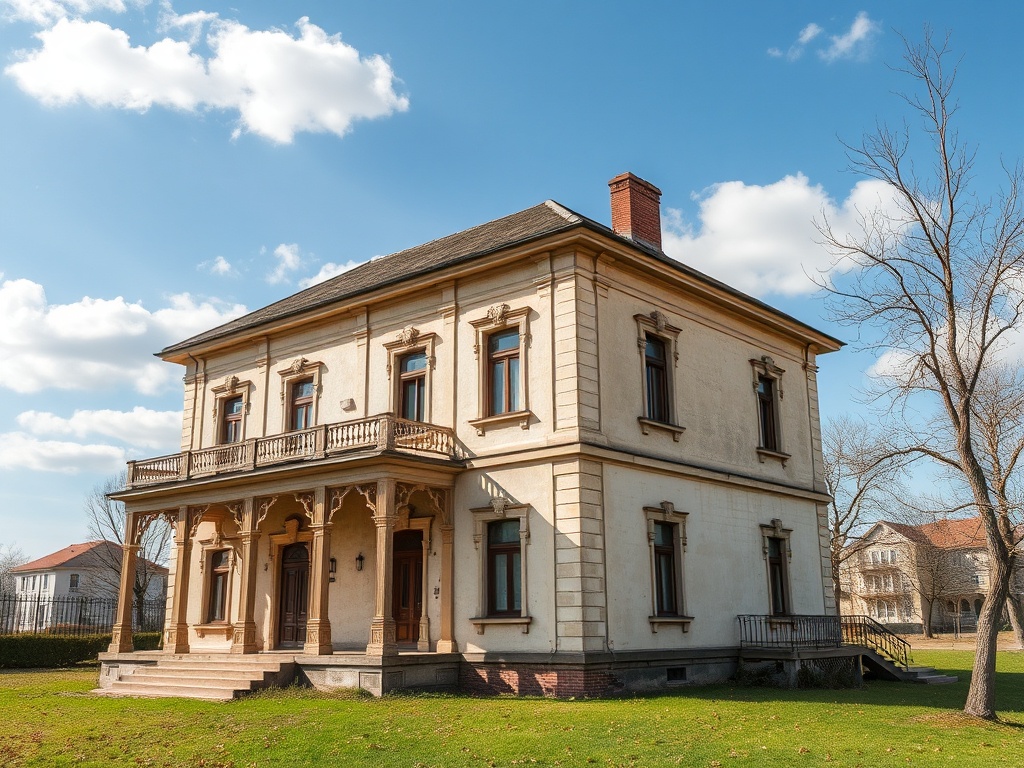 Двухэтажный дом в классическом стиле с балконом на фоне голубого неба и облаков.