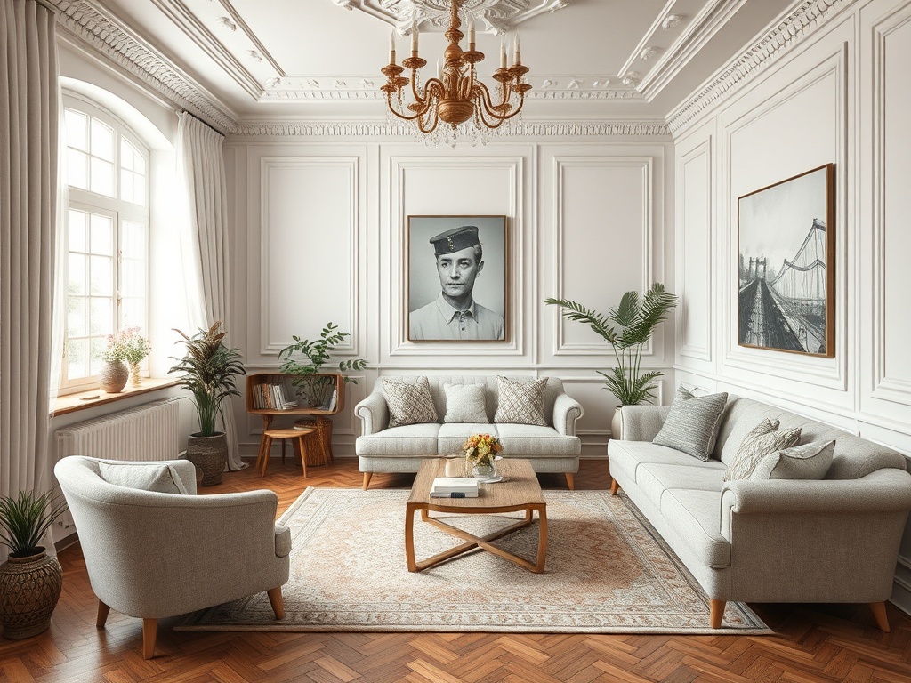 Современная гостиная с белыми стенами, мебелью в светлых тонах и изображениями на стенах. Уютная атмосфера.