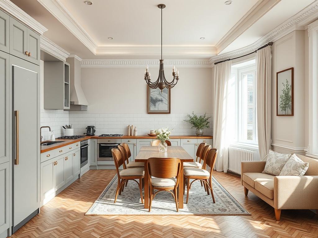 Современная кухня с обеденной зоной, светлыми тонами и деревянными деталями. Уютная атмосфера и много света.