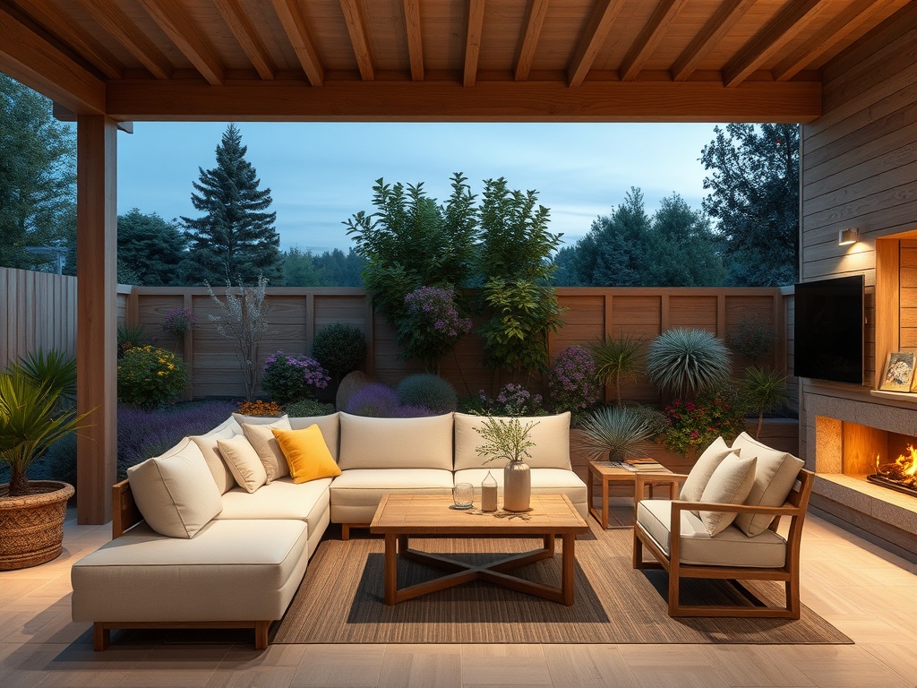 Уютная терраса с белой мебелью и зелеными растениями, вечерний свет создает атмосферу комфорта и уюта.