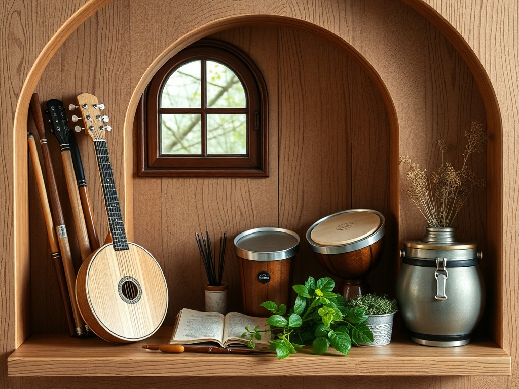На полке в нише находятся музыкальные инструменты, книга и растения, рядом окно с деревяной рамой.