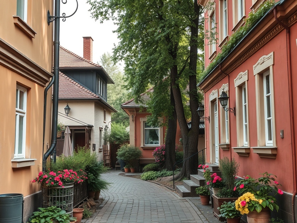 Уютный бульвар с цветами, окружённый домами с яркими фасадами и зелеными деревьями.