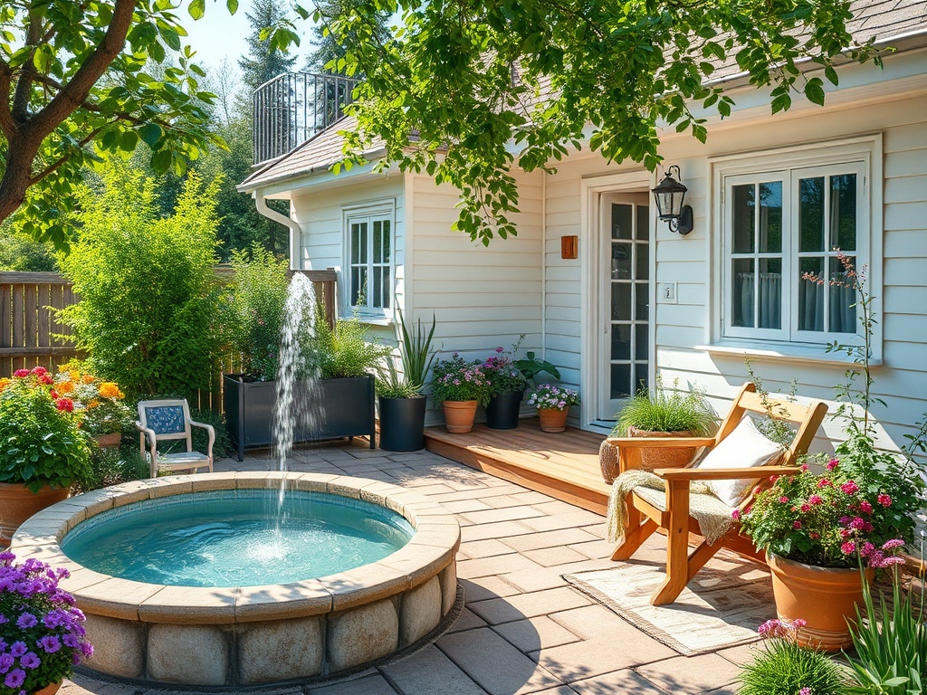 На заднем дворе уютный уголок с фонтаном, цветами и удобным креслом под солнечными лучами.