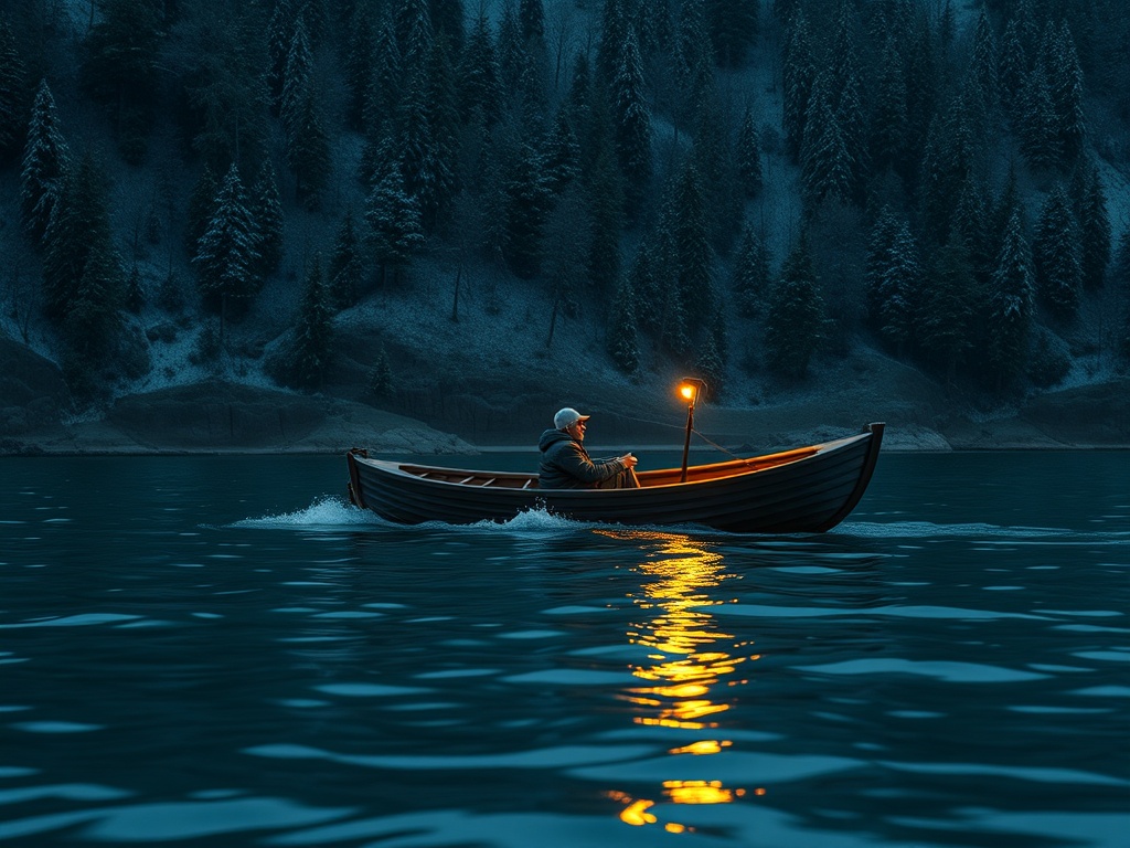 На тихом озере человек гребет на лодке с факелом, окруженный снежными деревьями в вечернем свете.